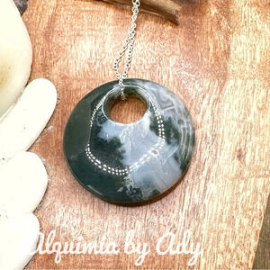 Moss Agate Maxi round medallion Donut black cord short choker necklace silver